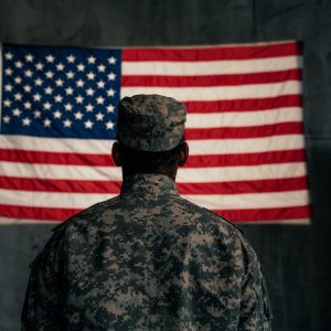 An American soldier is standing in front of an American flag on the wall, shot from the rear.